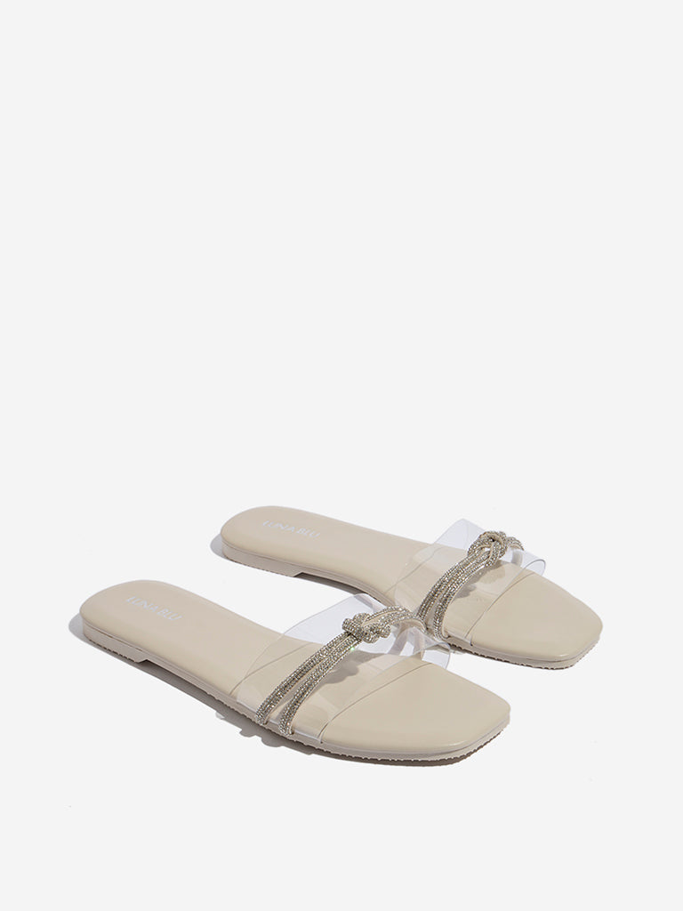 LUNA BLU Beige Diamante Embellished Vinyl Strap Slides
