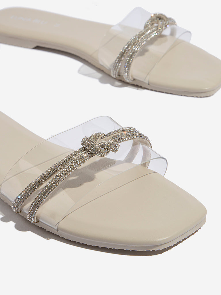 LUNA BLU Beige Diamante Embellished Vinyl Strap Slides