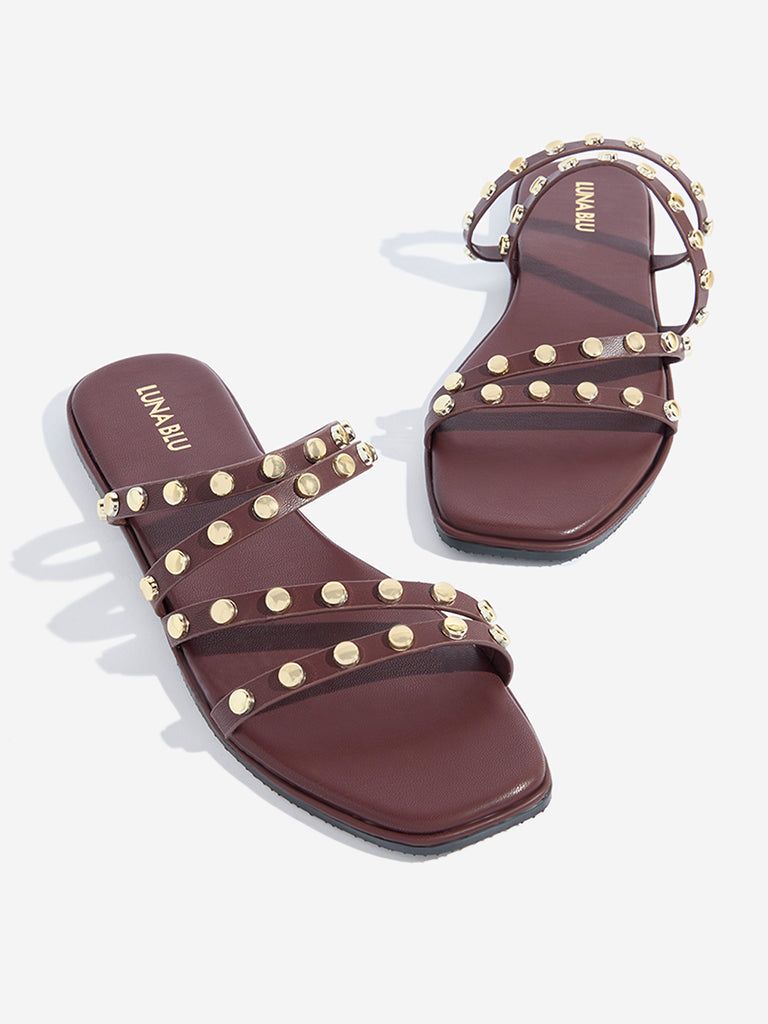 Westside LUNA BLU Women's Brown Stud-Detailed Slides for Casual Wear Zoomed View