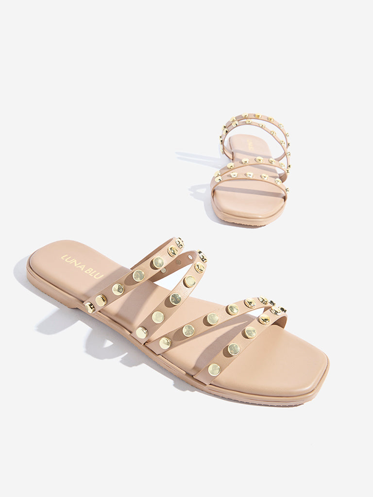 Westside LUNA BLU Women's Beige Stud-Detailed Slides for Casual Wear Zoomed View