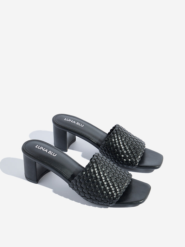 LUNA BLU Black Woven-Textured Block Heel Sandals