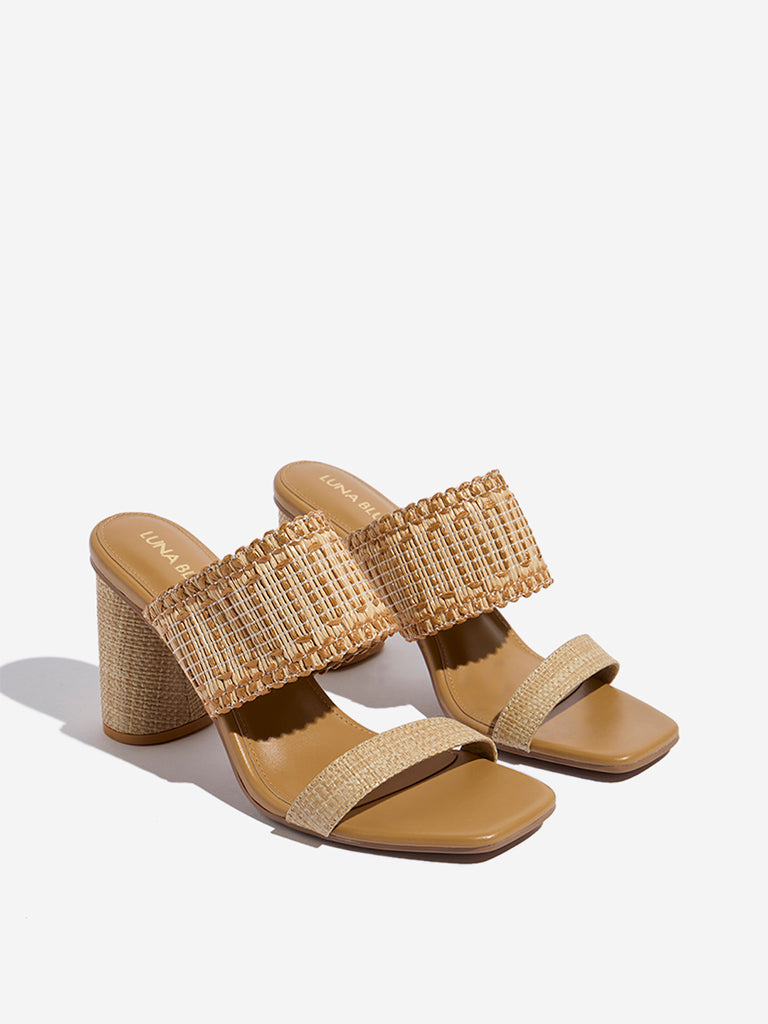 LUNA BLU Light Brown Raffia-Textured Heel Sandals