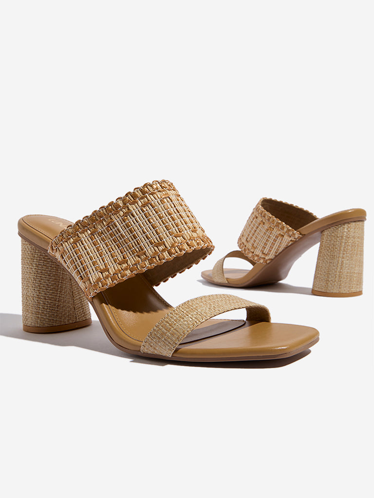 LUNA BLU Light Brown Raffia-Textured Heel Sandals