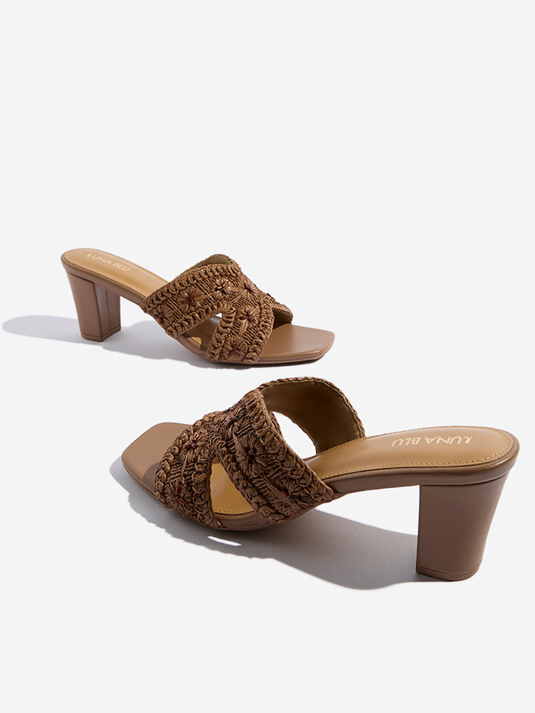 Westside LUNA BLU Women's Brown Floral Embroidered Heel Sandals for Casual Wear Zoomed View