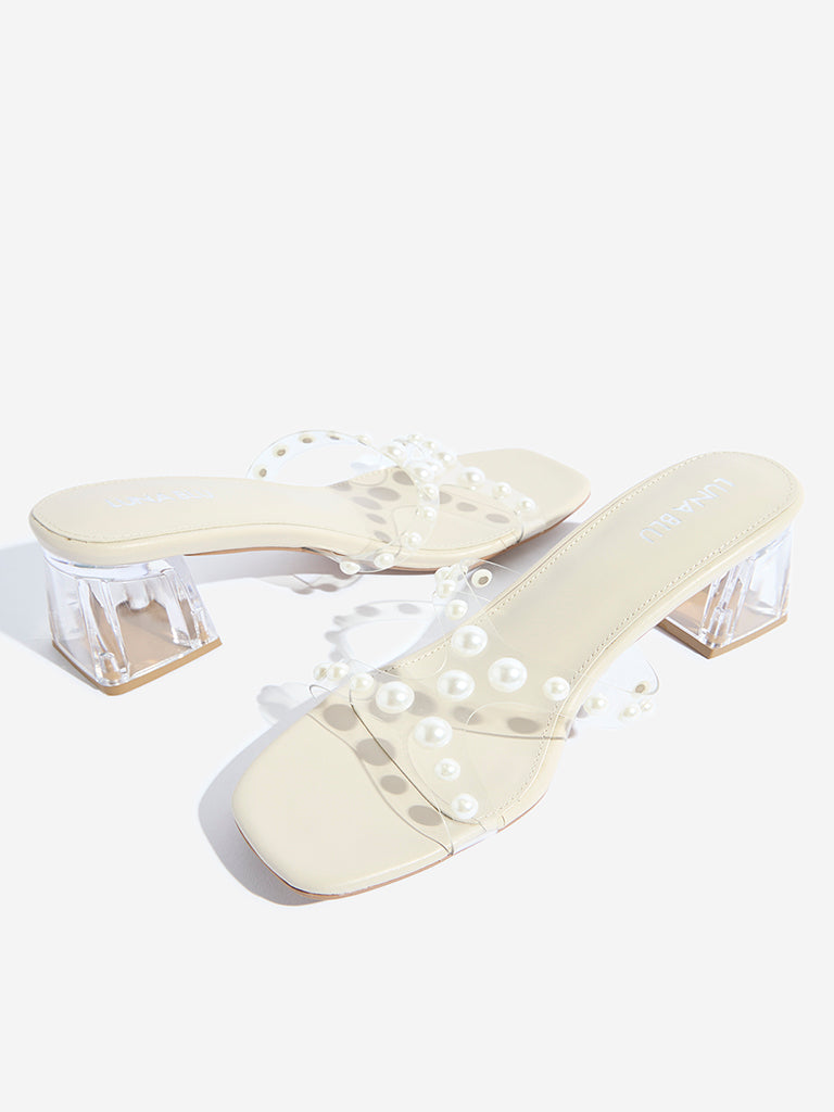 Westside LUNA BLU Women's Ivory Pearl Embellished Block Heel Sandals for Casual Wear Zoomed View