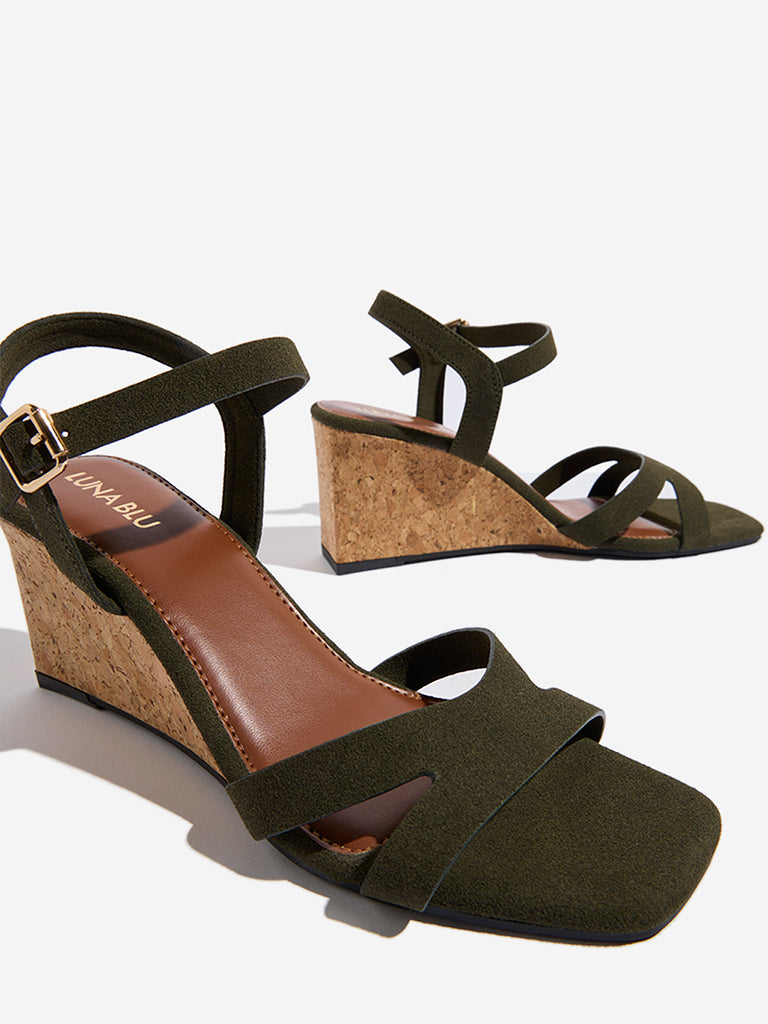 Westside LUNA BLU Women's Olive Slingback Wedge-Heel Sandals for Casual Wear Zoomed View