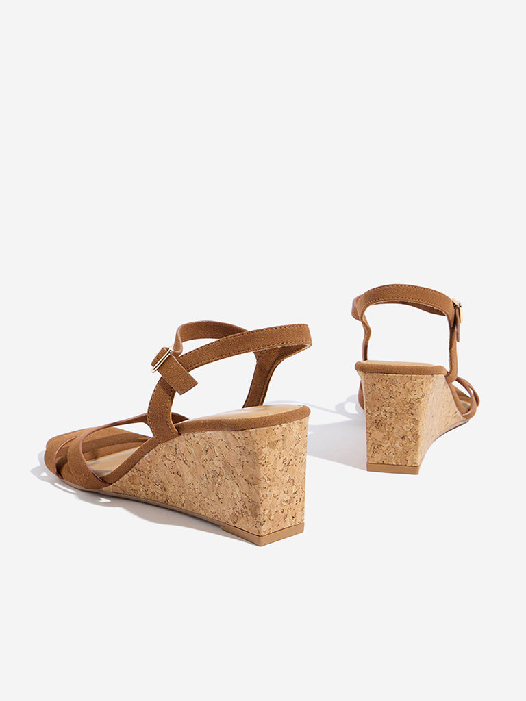 Westside LUNA BLU Women's Tan Slingback Wedge-Heel Sandals Back View