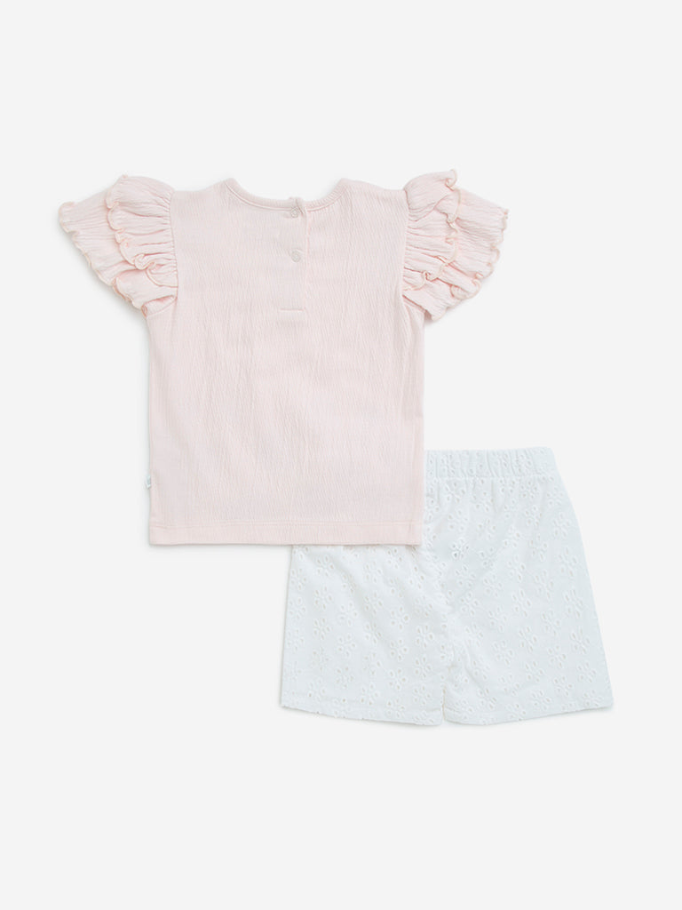 HOP Baby Pink Embroidered Cotton Blend Top & Shorts Set