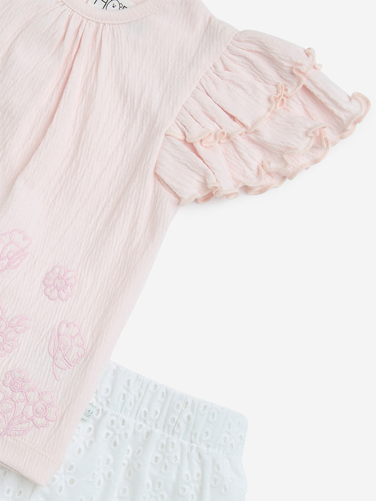 HOP Baby Pink Embroidered Cotton Blend Top & Shorts Set