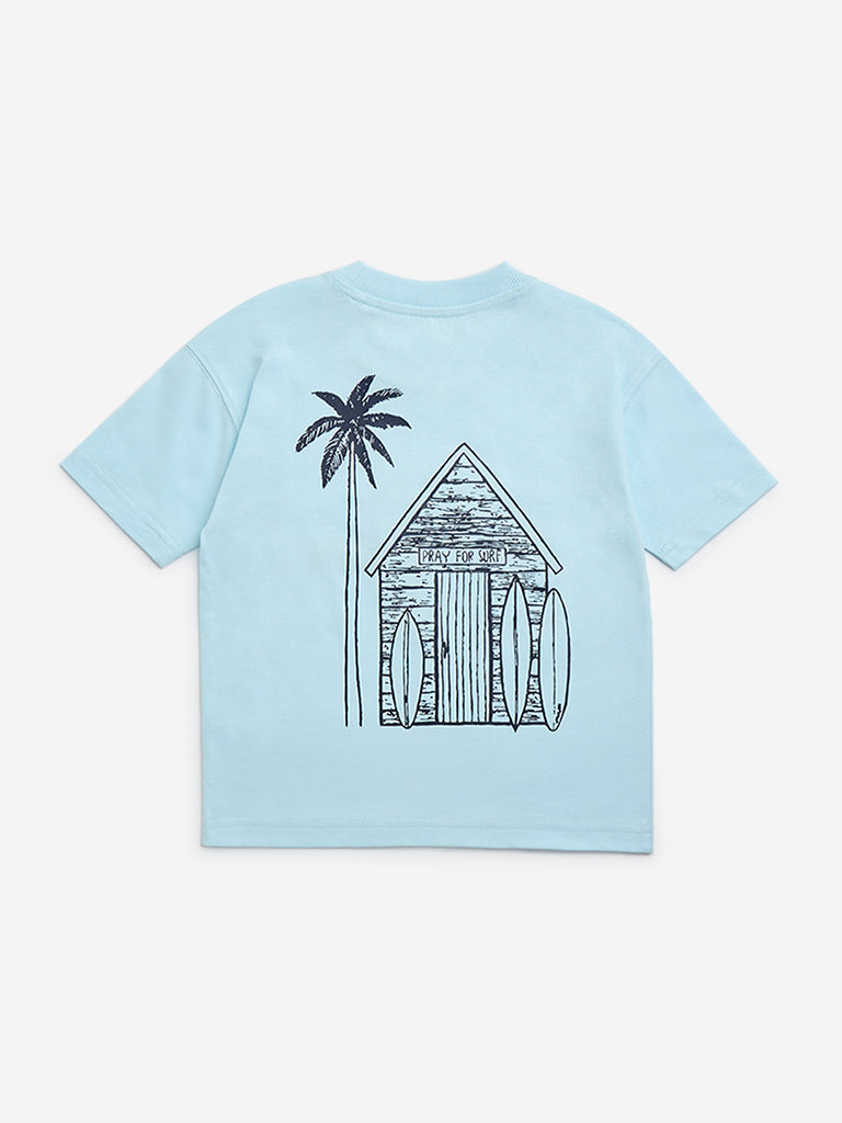 HOP Kids Blue Tropical Printed Cotton T-Shirt