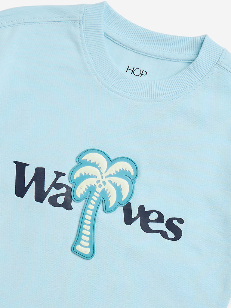 HOP Kids Blue Tropical Printed Cotton T-Shirt