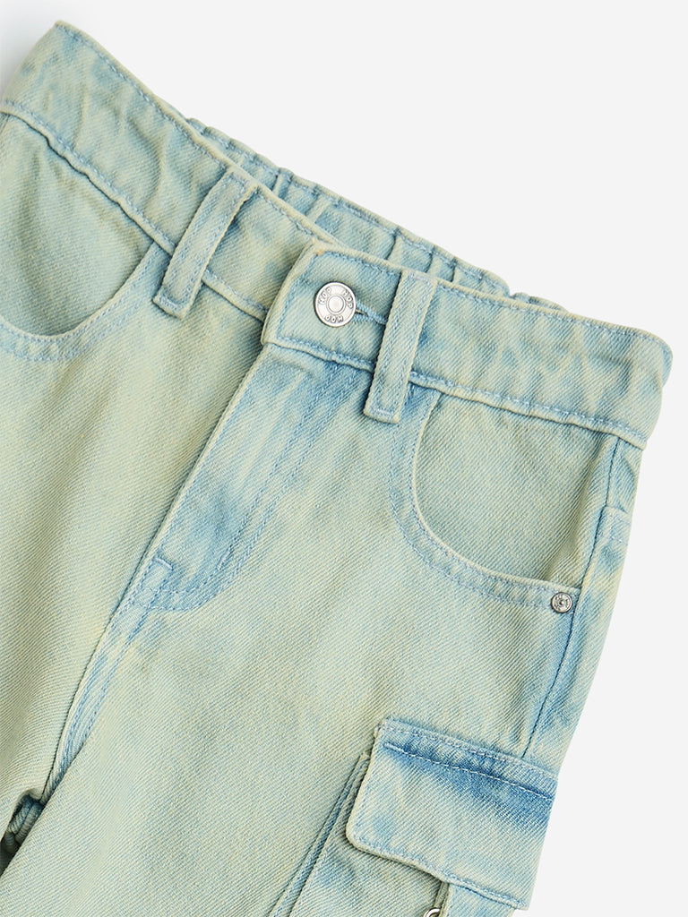Westside HOP Kids Blue Cargo-Style Mid-Rise Denim Shorts for Casual Wear Zoomed View
