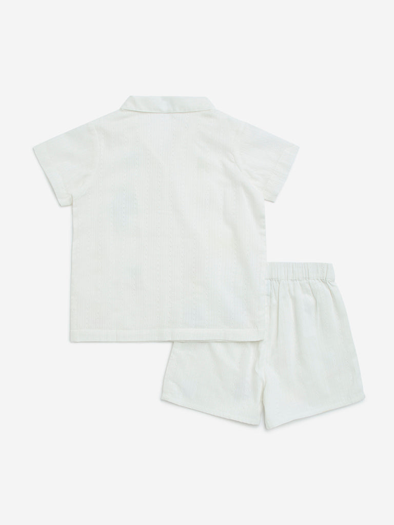 HOP Kids White Embroidered Cotton Shirt & Shorts Set