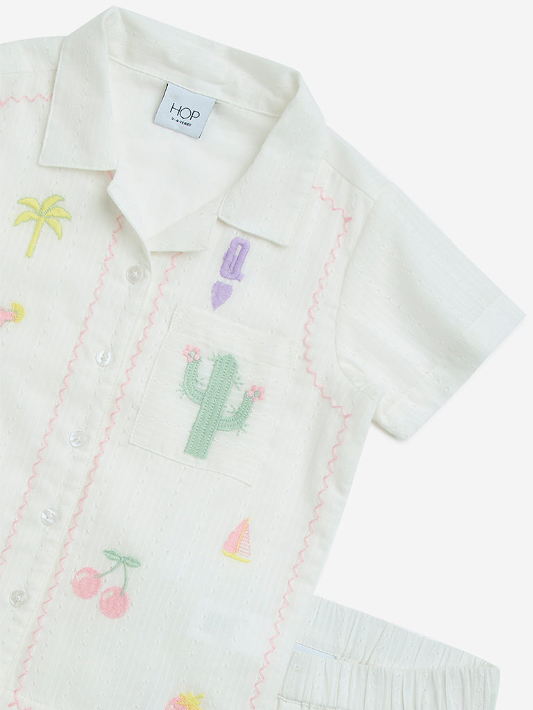 HOP Kids White Embroidered Cotton Shirt & Shorts Set