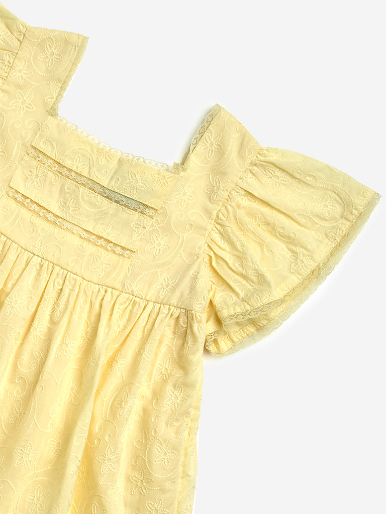 Westside HOP Girls' Kids Yellow Floral Embroidered Cotton A-Line Dress for Casual Wear Zoom View