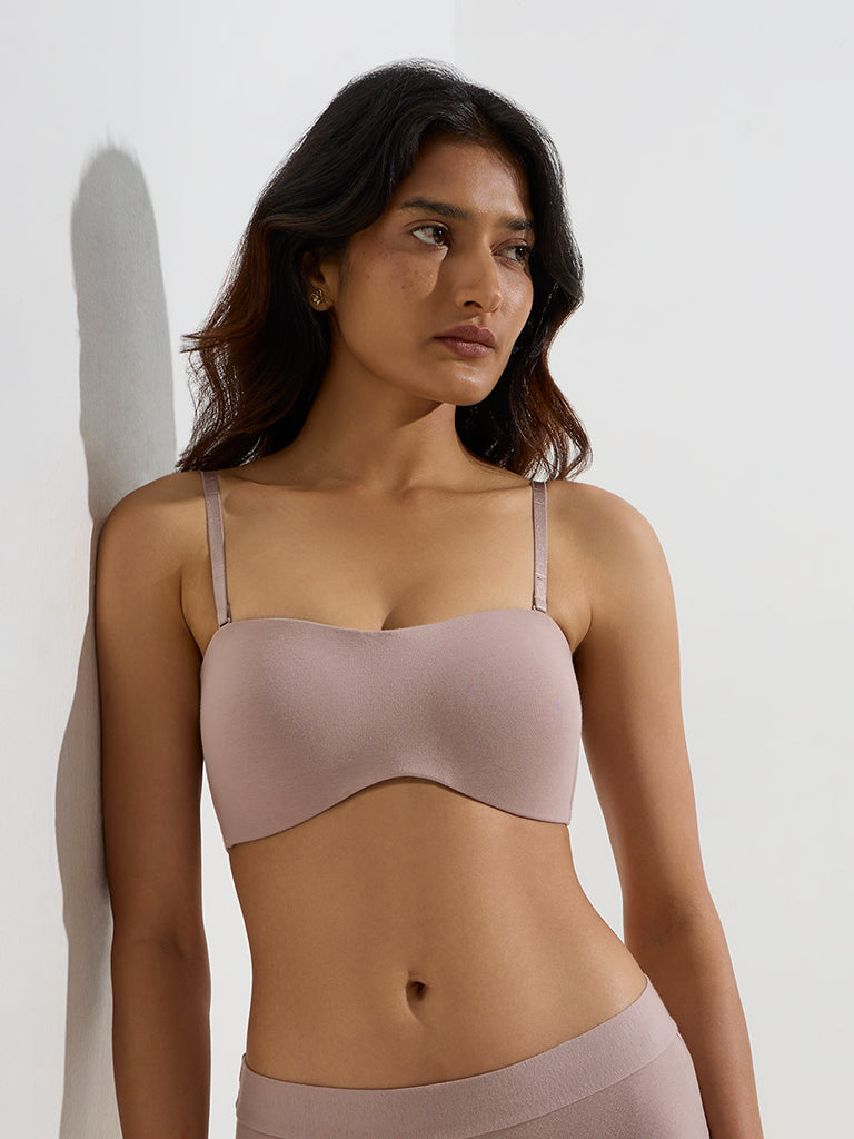 westisde Wunderlove Women's Light Mauve Padded Strapless Cotton-Blend Bra for Casual Wear Front View