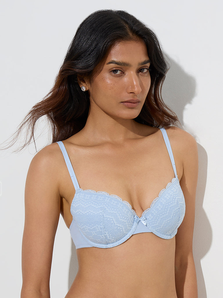 Wunderlove Light Blue Floral Lace Design Cotton-Blend Bra