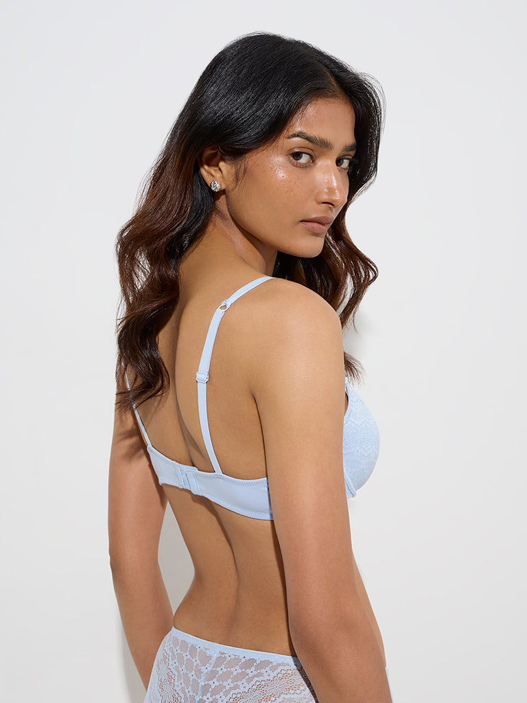 Wunderlove Light Blue Floral Lace Design Cotton-Blend Bra