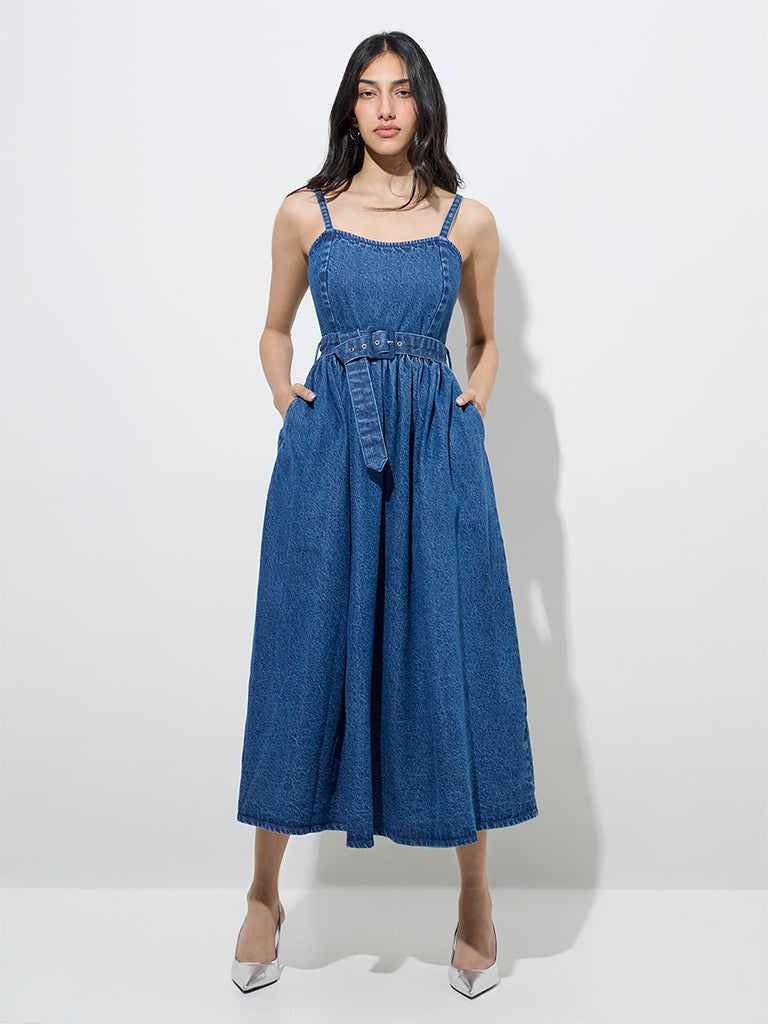 LOV Blue Denim A-Line Dress with Belt - Main Image