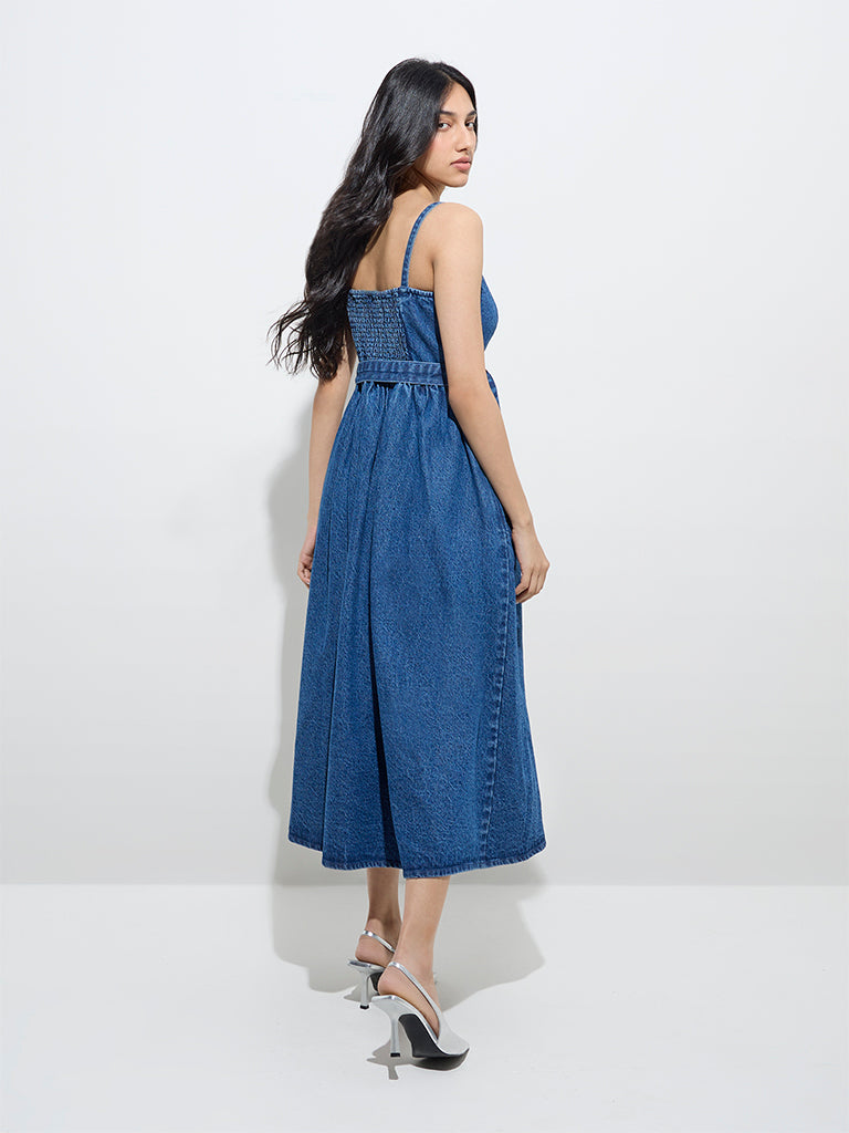 Westside LOV Women's Blue Denim A-Line Dress with Belt for Casual Wear Back View