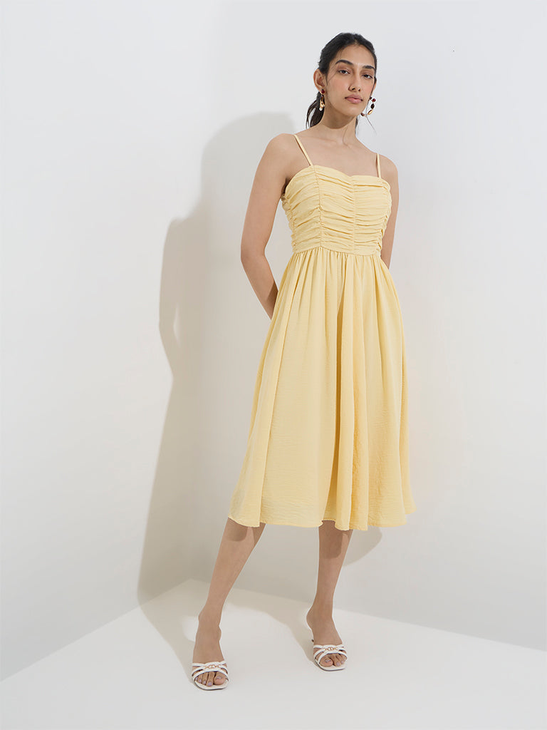 Westside LOV Women's Yellow Pleated Fit-and-Flare Dress for Casual Wear Full View