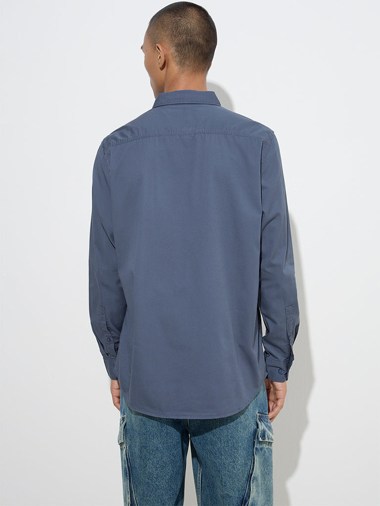 Westside Nuon Men's Dusty Blue Solid Slim-Fit Cotton Shirt for Casual Wear Back View
