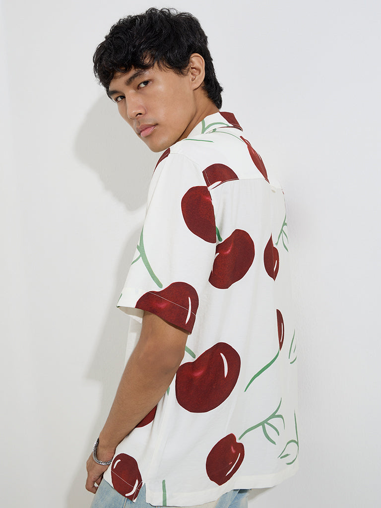 Westside Nuon Men's Ivory Cherry Printed Relaxed-Fit Shirt for Casual Wear Back View