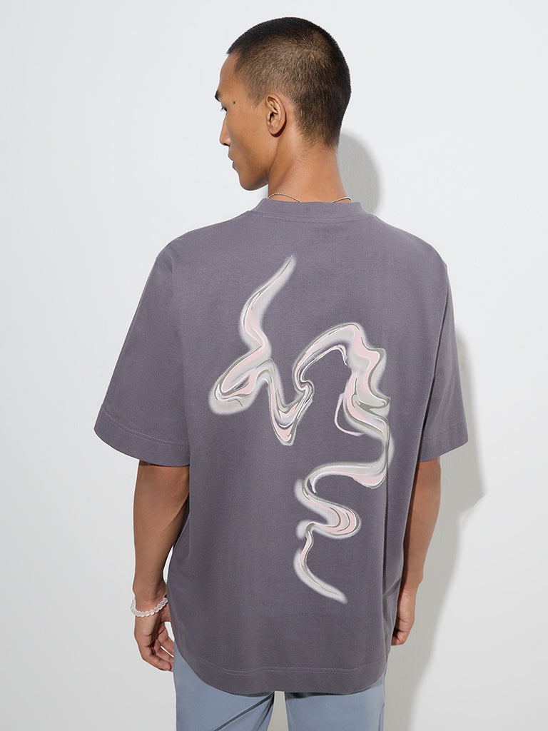 Westside Nuon Men's Grey Text Printed Relaxed fit Cotton T-Shirt for Casual Wear Back View