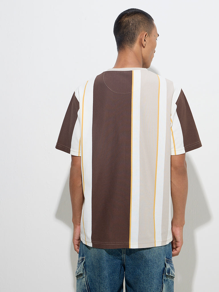 Westside Nuon Men's Brown Colour-Blocked Relaxed-Fit Cotton-Blend T-Shirt for Casual Wear Back View