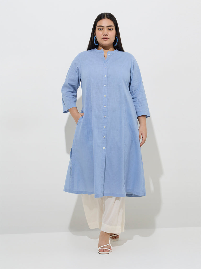Diza Blue Solid Cotton A-Line Kurta