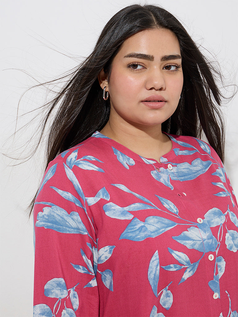 Diza Magenta Botanical Printed A-Line Kurta