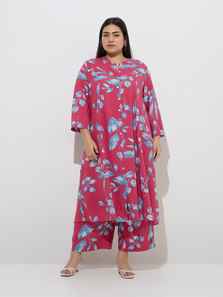 Diza Magenta Botanical Printed A-Line Kurta