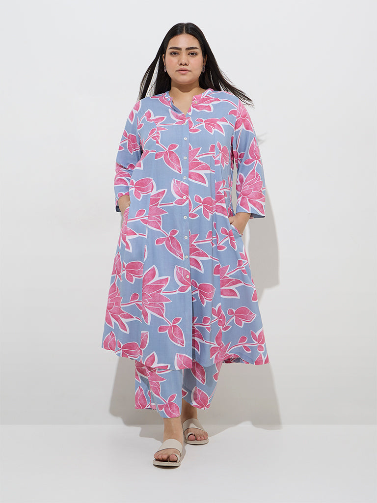Diza Light Blue Floral Design A-Line Kurta