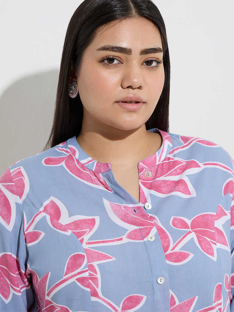 Diza Light Blue Floral Design A-Line Kurta