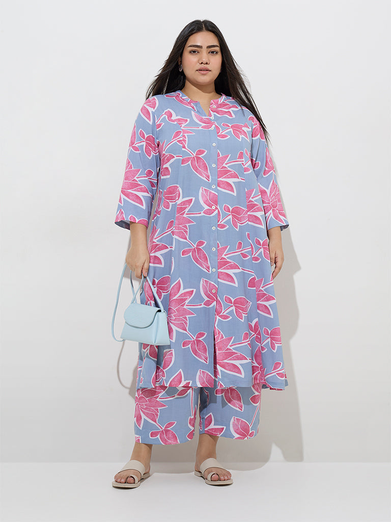 Diza Light Blue Floral Design A-Line Kurta