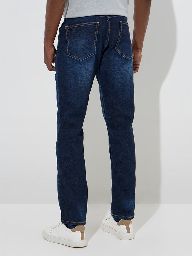 Westside WES Casuals Men's Dark Blue Relaxed-Fit Mid-Rise Jeans for Casual Wear Back View