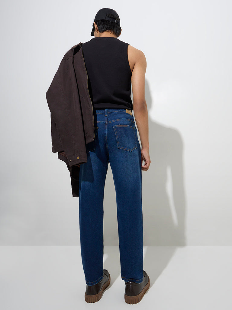 Westside Nuon Men's Dark Blue Slim-Fit Mid-Rise Jeans for Casual Wear Back View