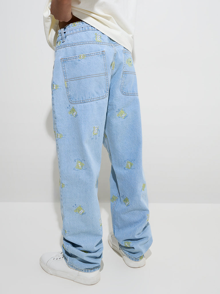 Westside Nuon Men's Light Blue Embroidered Relaxed-Fit Mid-Rise Jeans for Casual Wear Back View