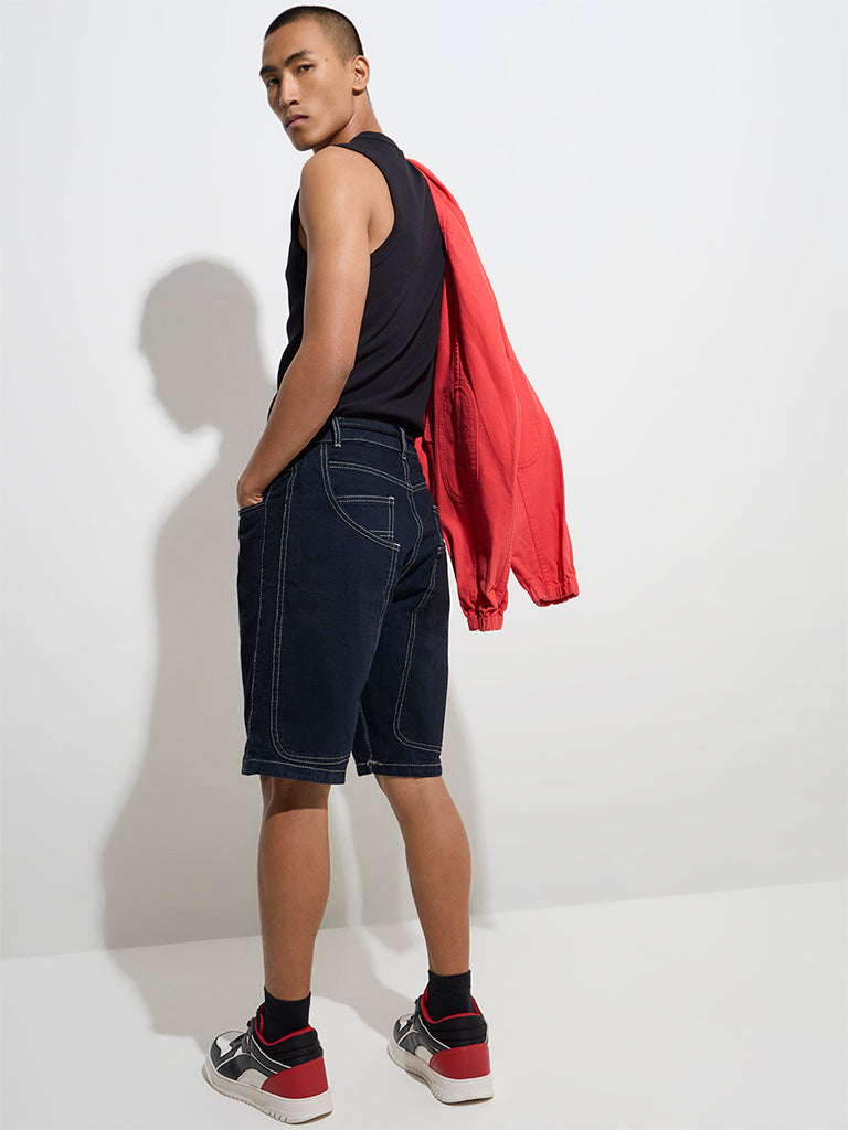 Westside Nuon Men's Dark Blue Relaxed-Fit Mid-Rise Denim Shorts for Casual Wear Back View