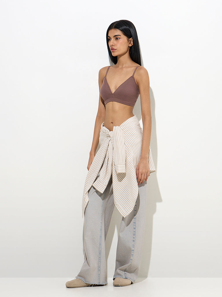Superstar Brown Waffle-Textured Padded Cotton-Blend Bra