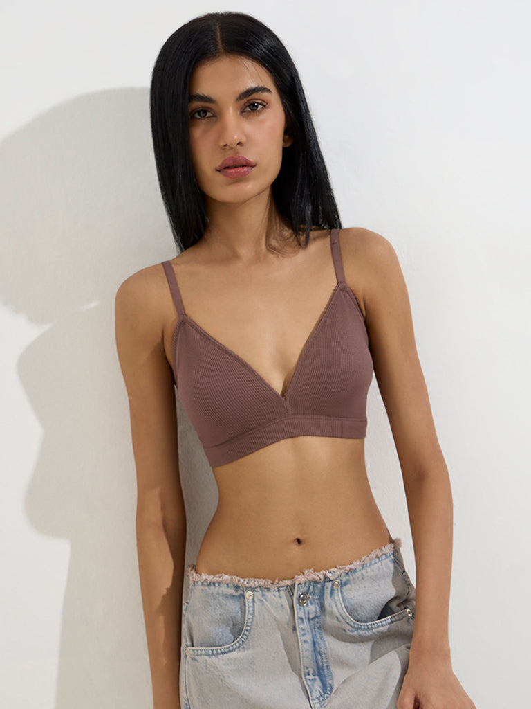 Superstar Brown Waffle-Textured Padded Cotton-Blend Bra
