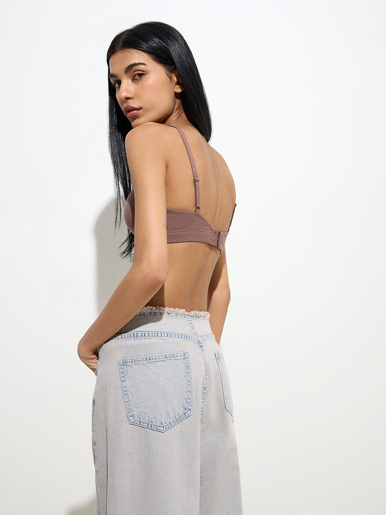 Superstar Brown Waffle-Textured Padded Cotton-Blend Bra