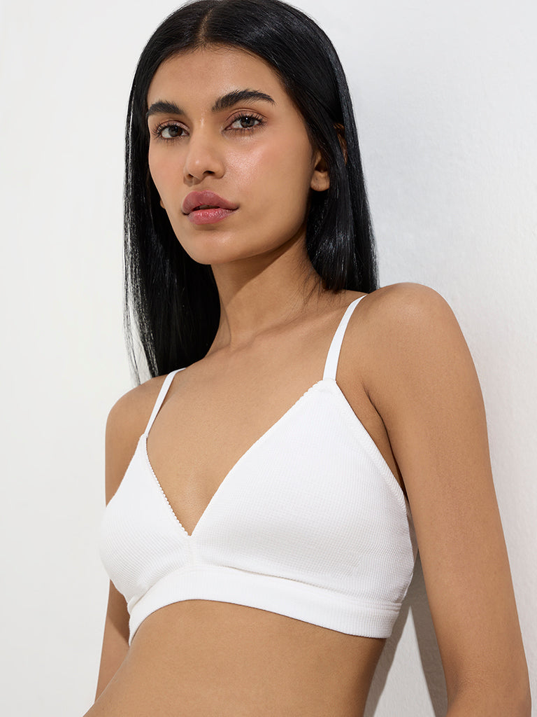 Superstar White Waffle-Textured Padded Cotton-Blend Bra