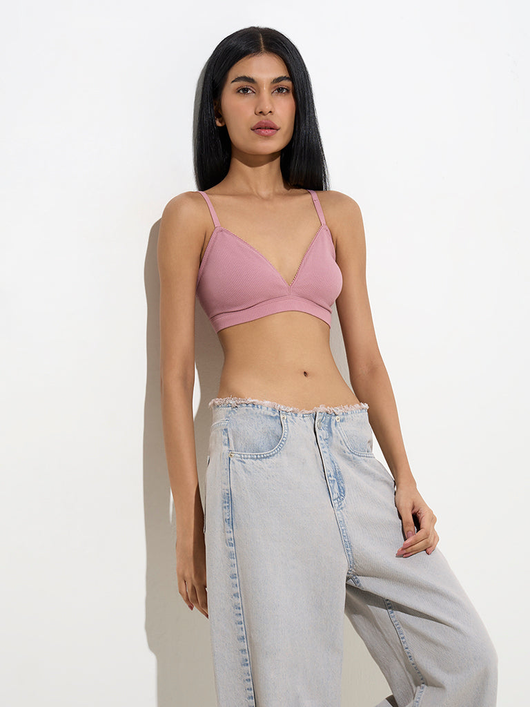 Superstar Pink Waffle-Textured Padded Cotton-Blend Bra