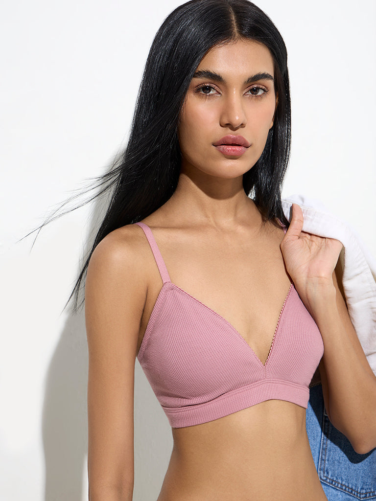 Superstar Pink Waffle-Textured Padded Cotton-Blend Bra