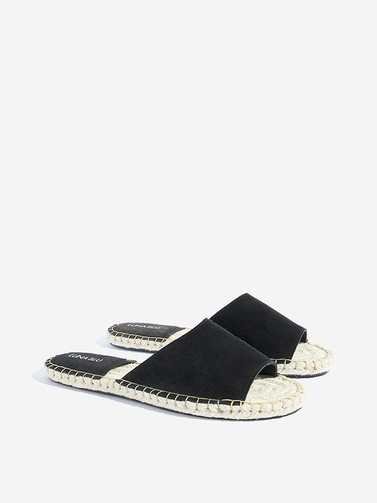 LUNA BLU Black Suede Espadrille Slides