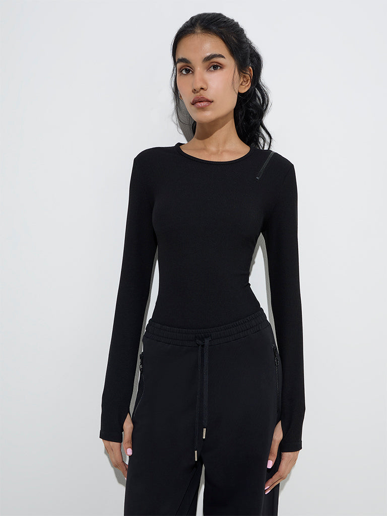 Westside Studiofit Women's Black Ribbed Textured Bodysuit for Sports Wear Front View