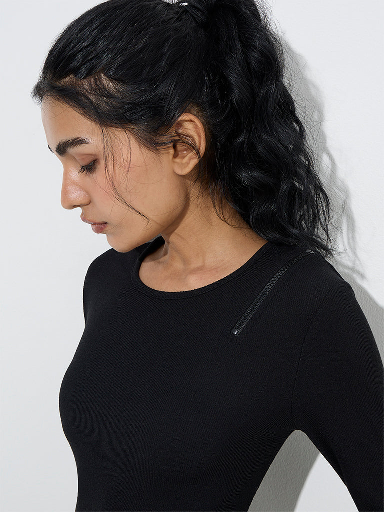 Westside Studiofit Women's Black Ribbed Textured Bodysuit for Sports Wear Zoomed View