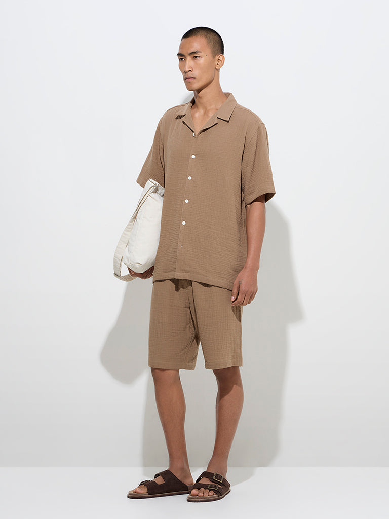 ETA Brown Textured Relaxed-Fit Mid-Rise Cotton Shorts