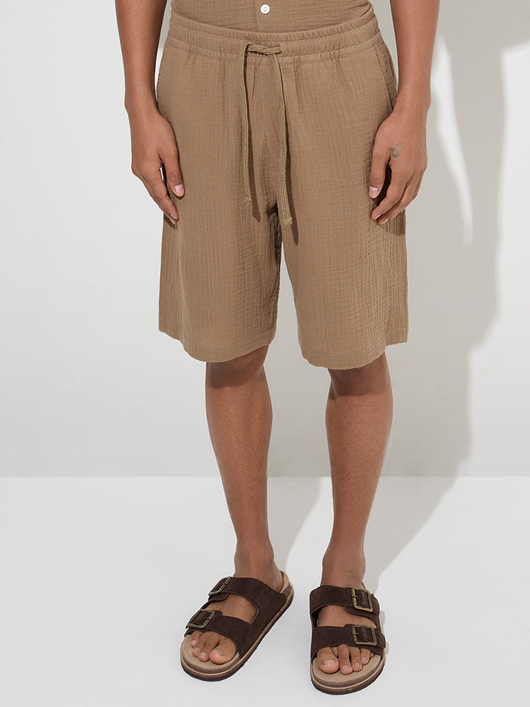 ETA Brown Textured Relaxed-Fit Mid-Rise Cotton Shorts